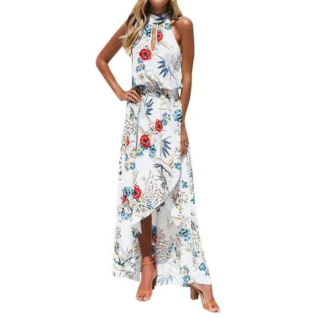 Women Boho dress Floral Long Maxi Dress O-neck Sleeveless