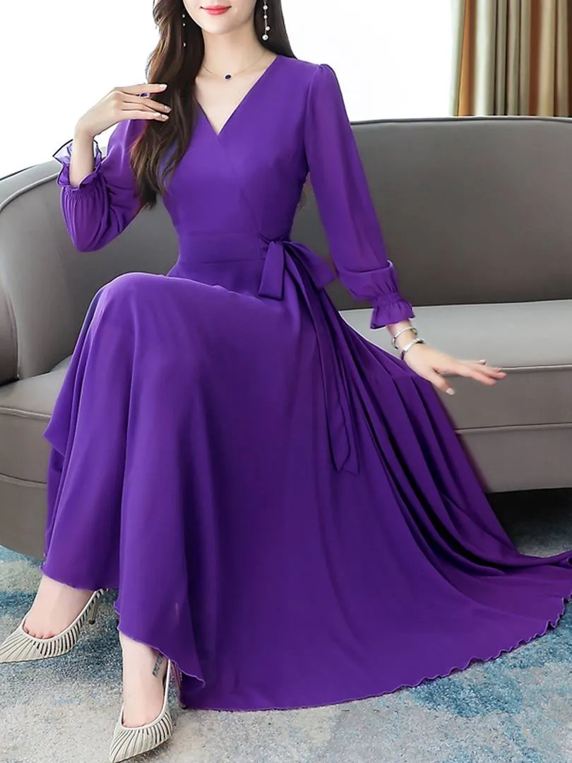 Women Purple V-Neck Long Sleeve Georgette Maxi Dress