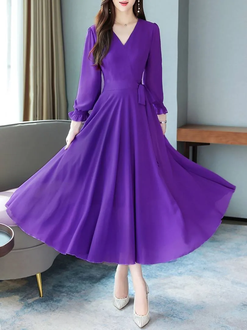 Women Purple V-Neck Long Sleeve Georgette Maxi Dress