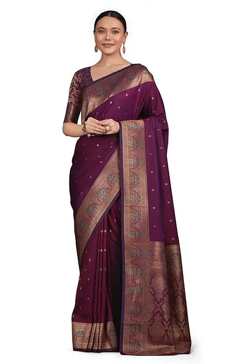 Women's Elegant Banarasi Silk Saree Brocade Motifs & Zari Woven Splendor Comes with Unstitched blouse piece