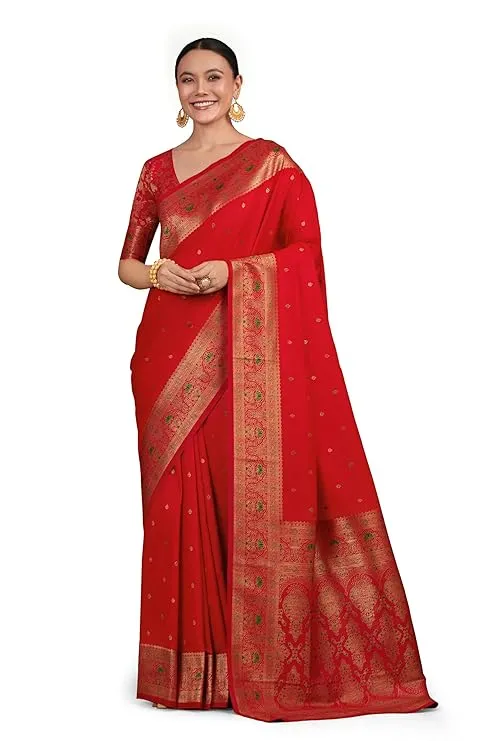 Women's Elegant Banarasi Silk Saree Brocade Motifs & Zari Woven Splendor Comes with Unstitched blouse piece