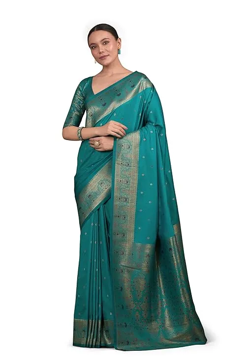 Women's Elegant Banarasi Silk Saree Brocade Motifs & Zari Woven Splendor Comes with Unstitched blouse piece