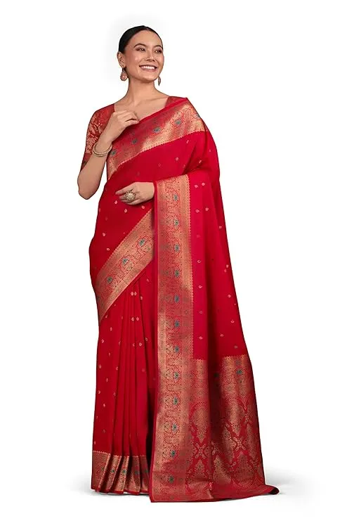 Women's Elegant Banarasi Silk Saree Brocade Motifs & Zari Woven Splendor Comes with Unstitched blouse piece