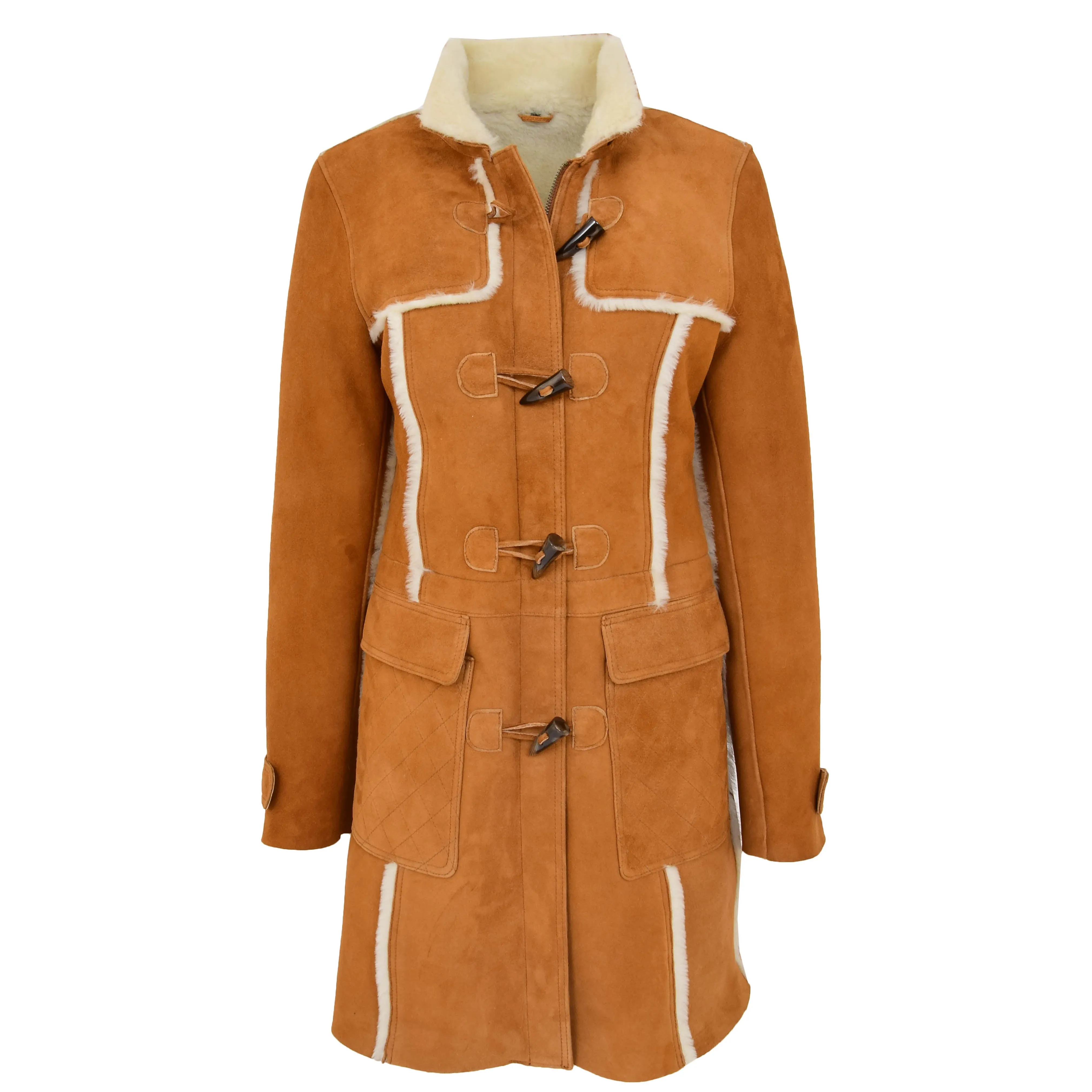 Womens Genuine Sheepskin Duffle Coat Hooded Shearling Jacket Evie Tan