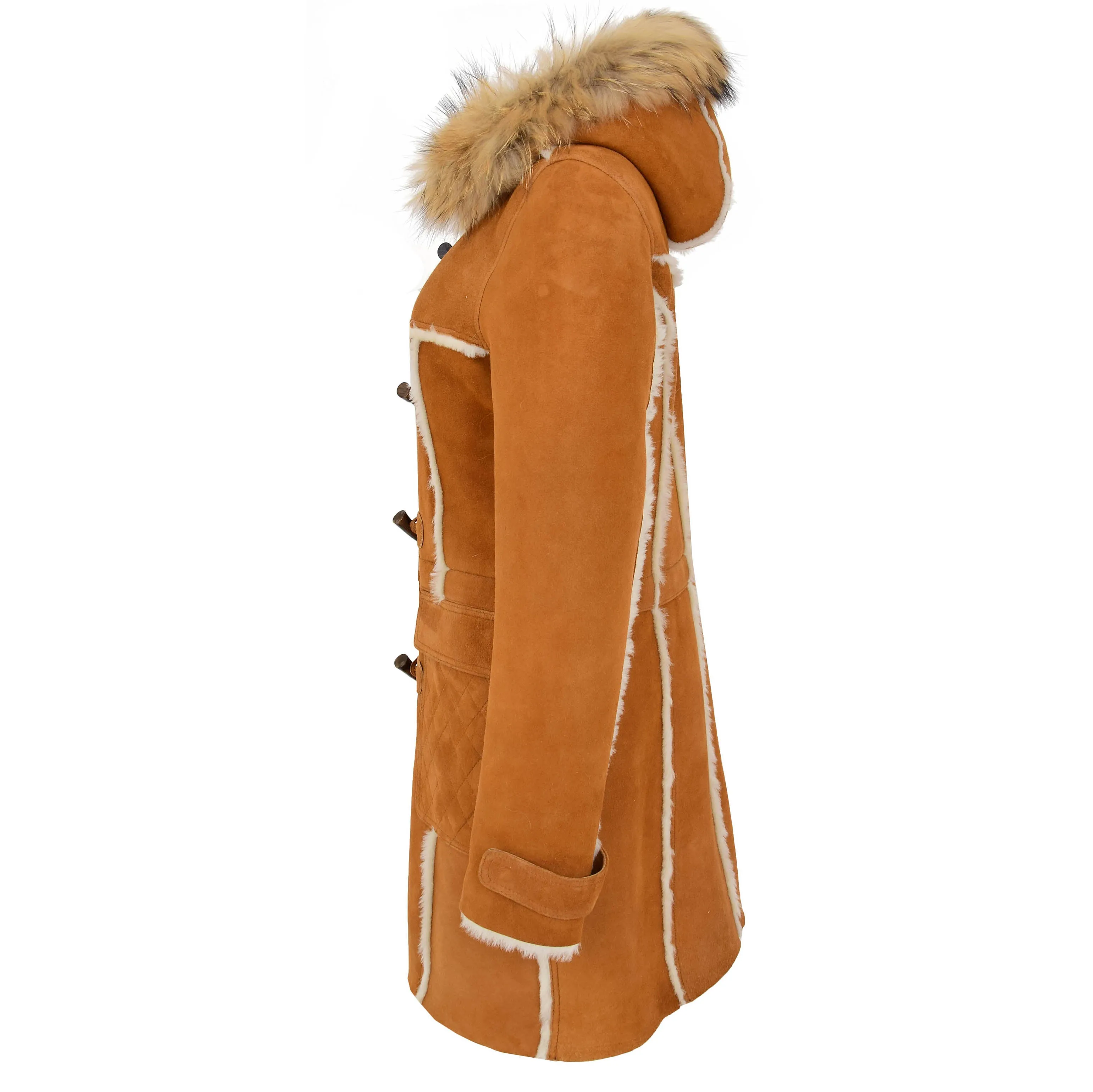 Womens Genuine Sheepskin Duffle Coat Hooded Shearling Jacket Evie Tan