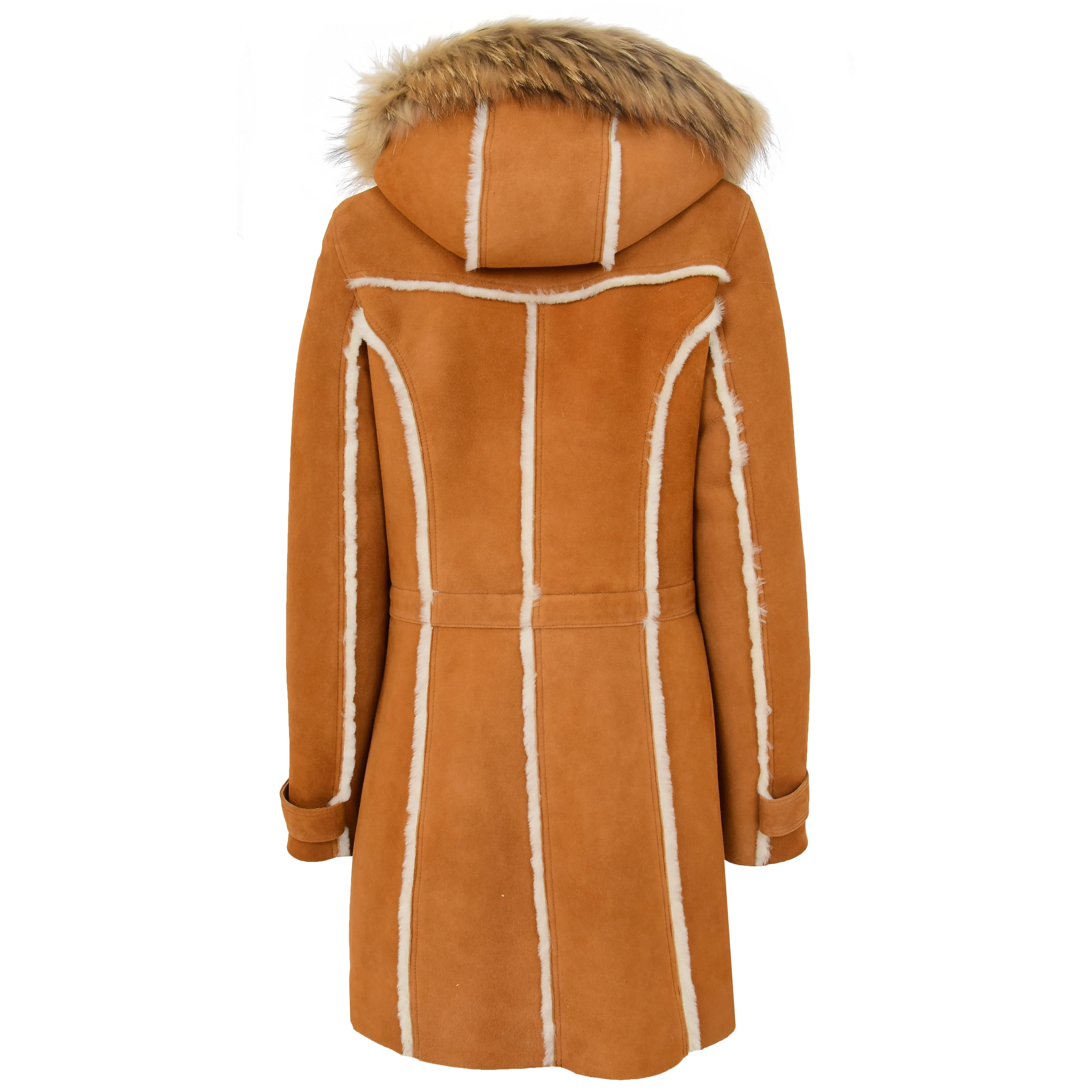 Womens Genuine Sheepskin Duffle Coat Hooded Shearling Jacket Evie Tan