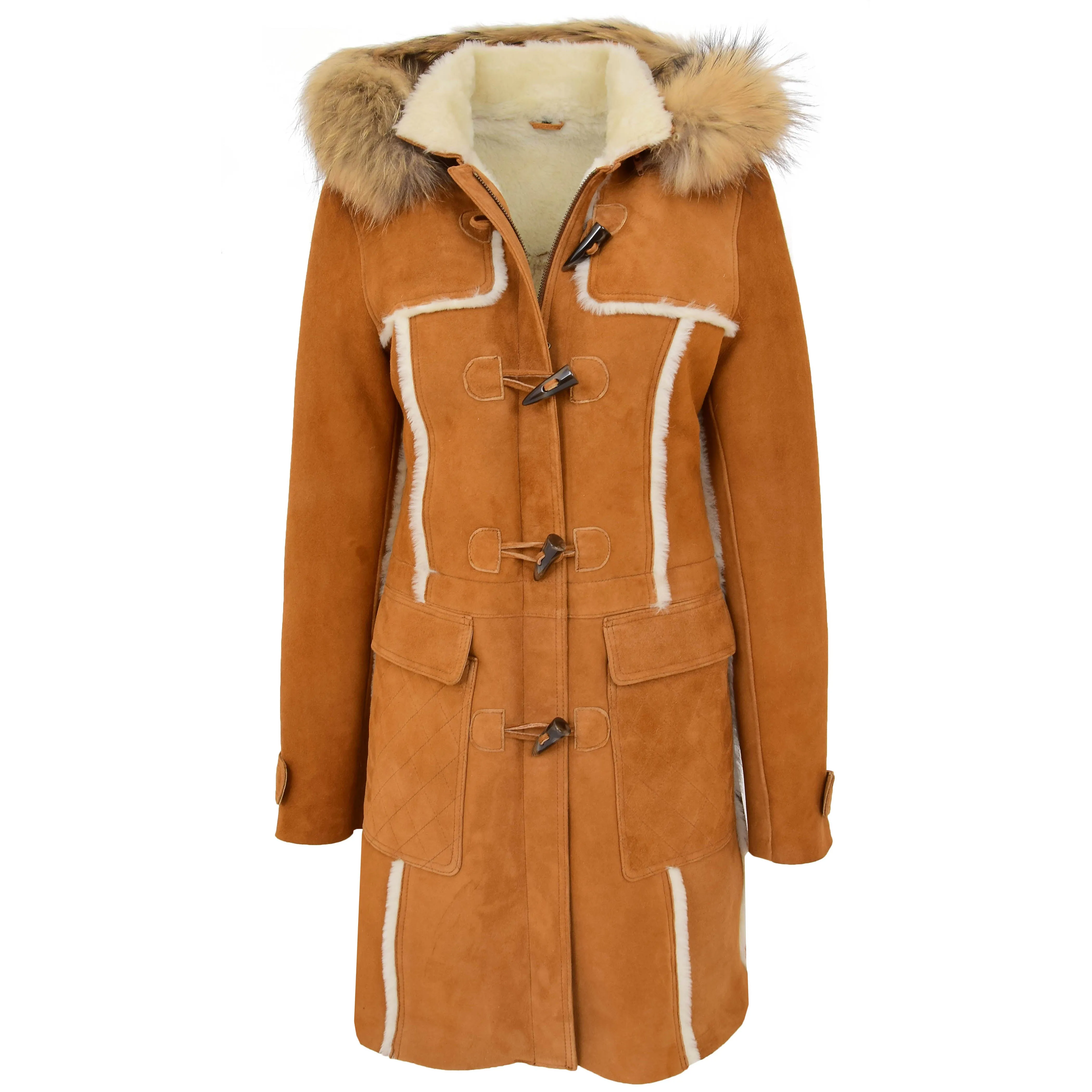 Womens Genuine Sheepskin Duffle Coat Hooded Shearling Jacket Evie Tan