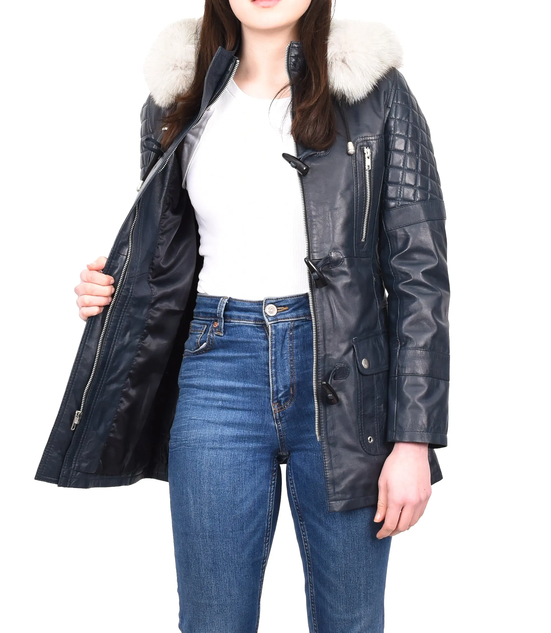 Women's Original Detachable Hoodie Duffel Leather Coat Navy Velvetine