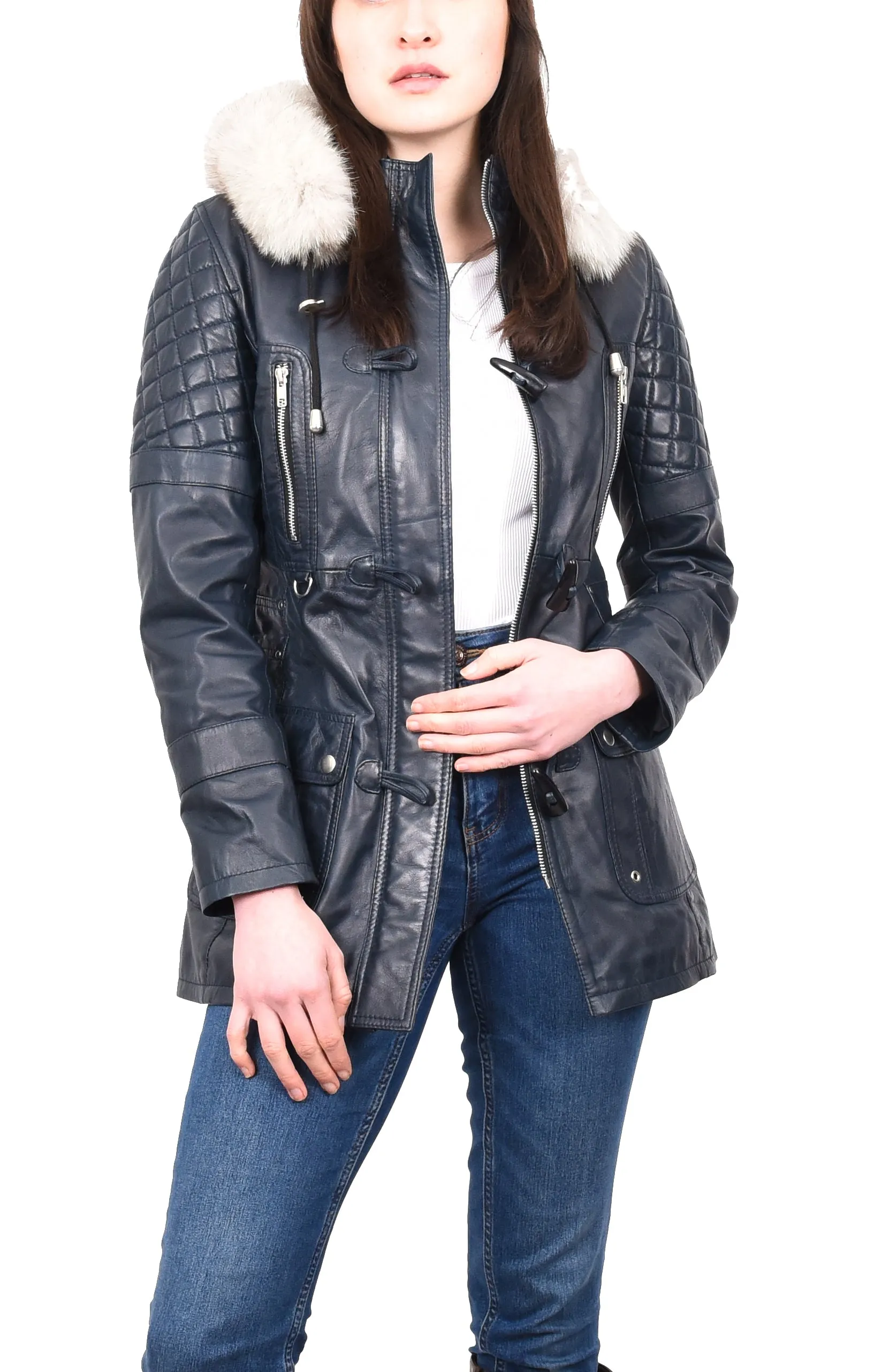 Women's Original Detachable Hoodie Duffel Leather Coat Navy Velvetine