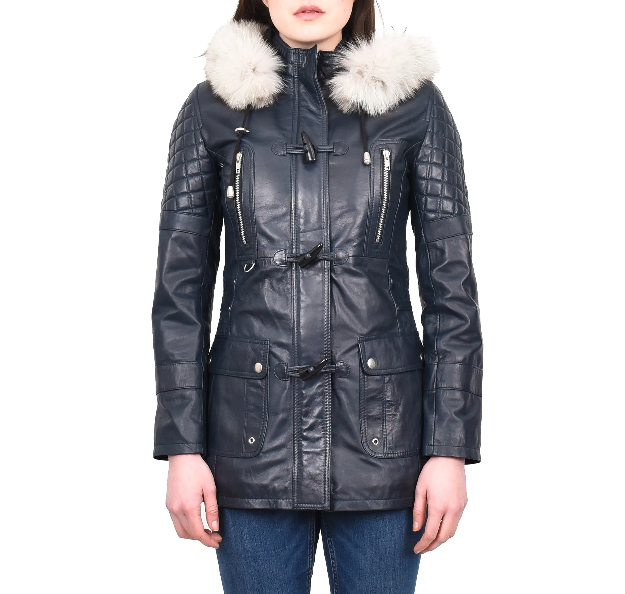 Women's Original Detachable Hoodie Duffel Leather Coat Navy Velvetine