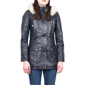 Women's Original Detachable Hoodie Duffel Leather Coat Navy Velvetine