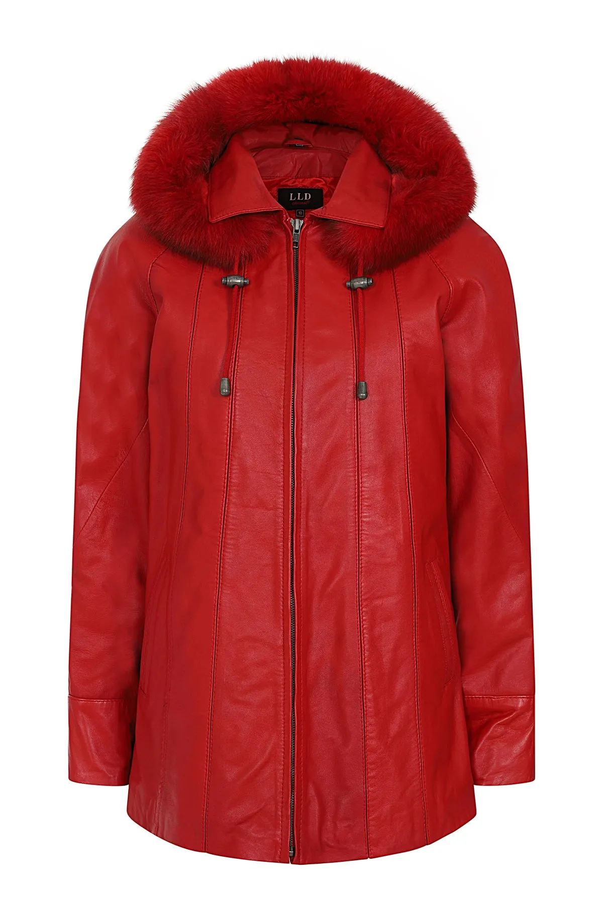 Women's Quality Red Leather Hip Length Coat with Fur Trimmed Detachable Hood - 'CARLA'