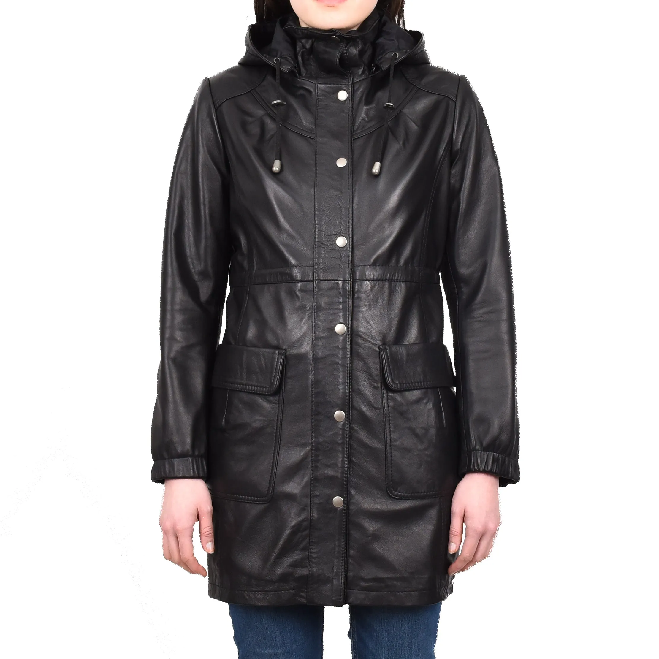 Women's Smart 3/ Length Long Leather Coat Hood Black Yondera