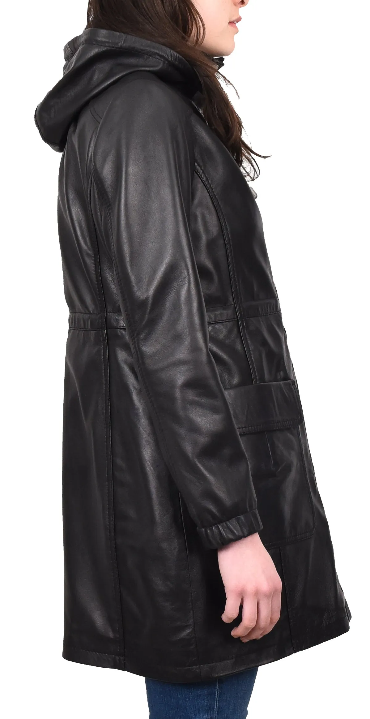 Women's Smart 3/ Length Long Leather Coat Hood Black Yondera