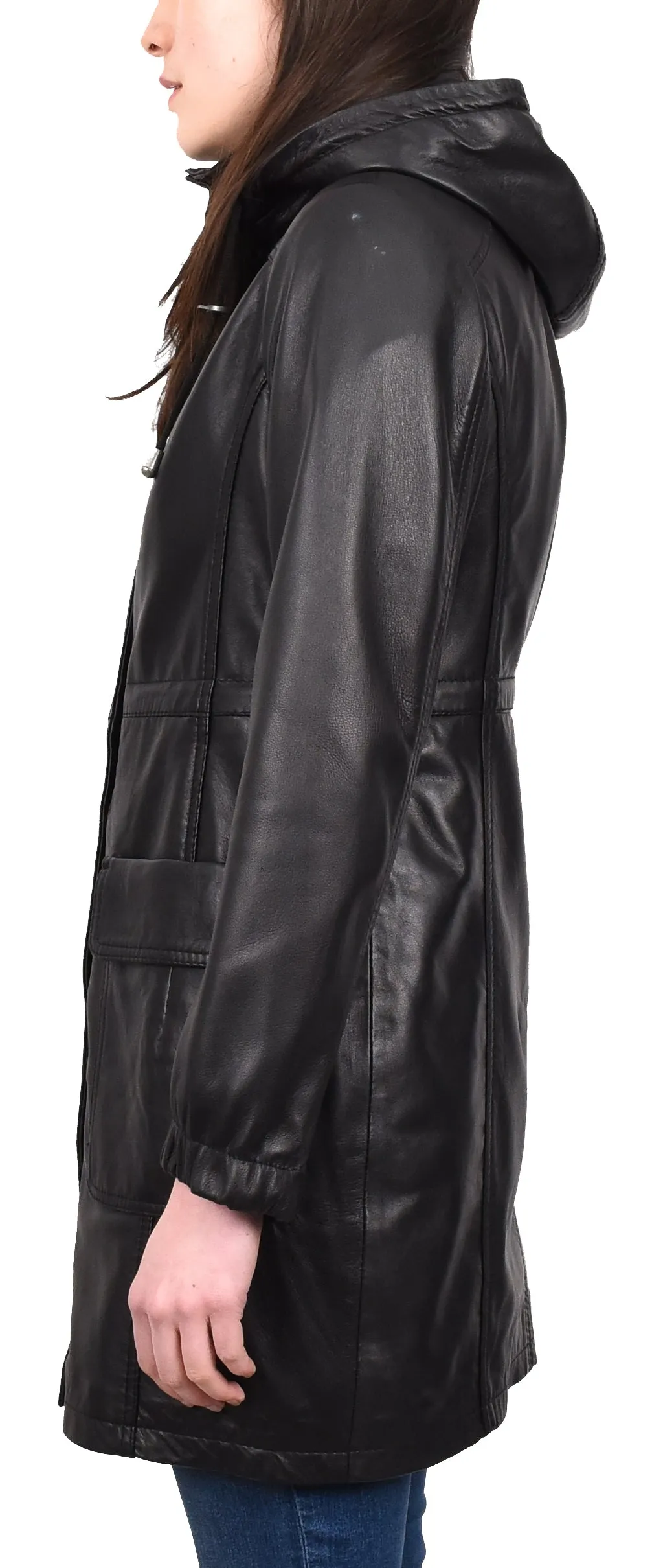 Women's Smart 3/ Length Long Leather Coat Hood Black Yondera